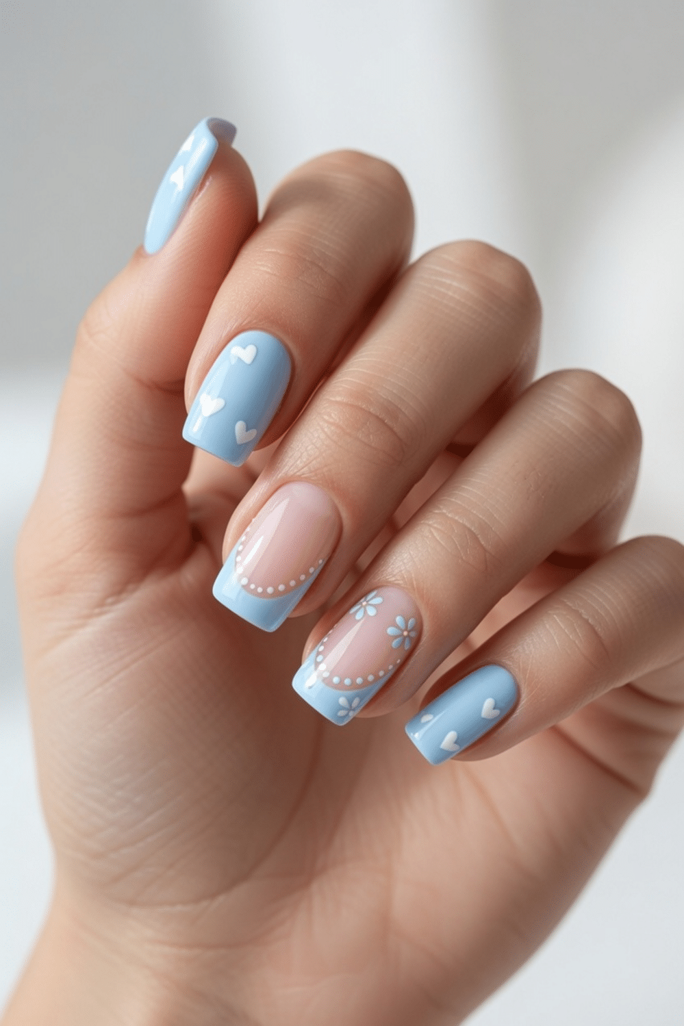 Playful Light Blue French Tips and Hearts Playful Light Blue French Tips and Hearts — Light Blue Nails