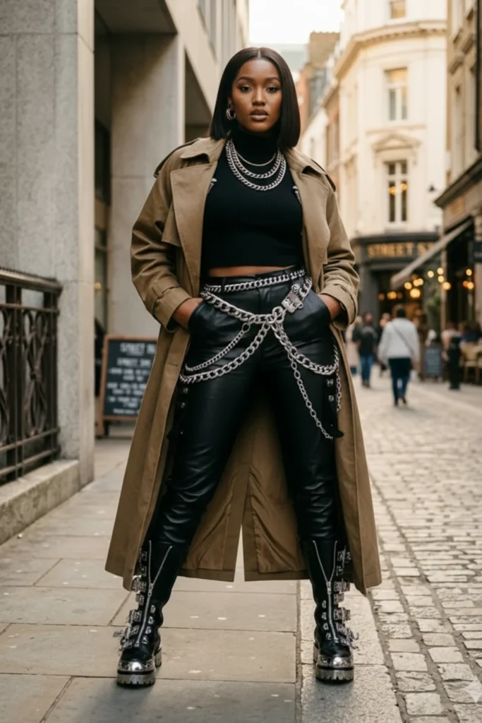 Chain-Adorned Leather Pants with a Trench Coat Chain-Adorned Leather Pants with a Trench Coat — Baddie Outfits