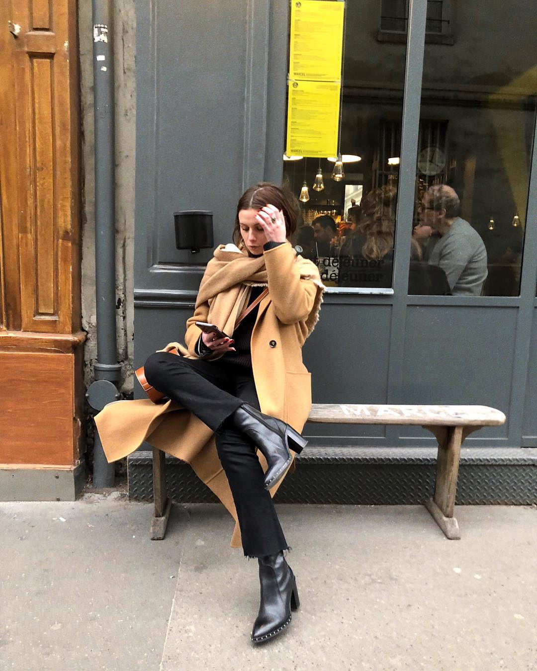 Chic Autumn Layering: Camel Coat with Patterned Scarf — French Girl Outfits