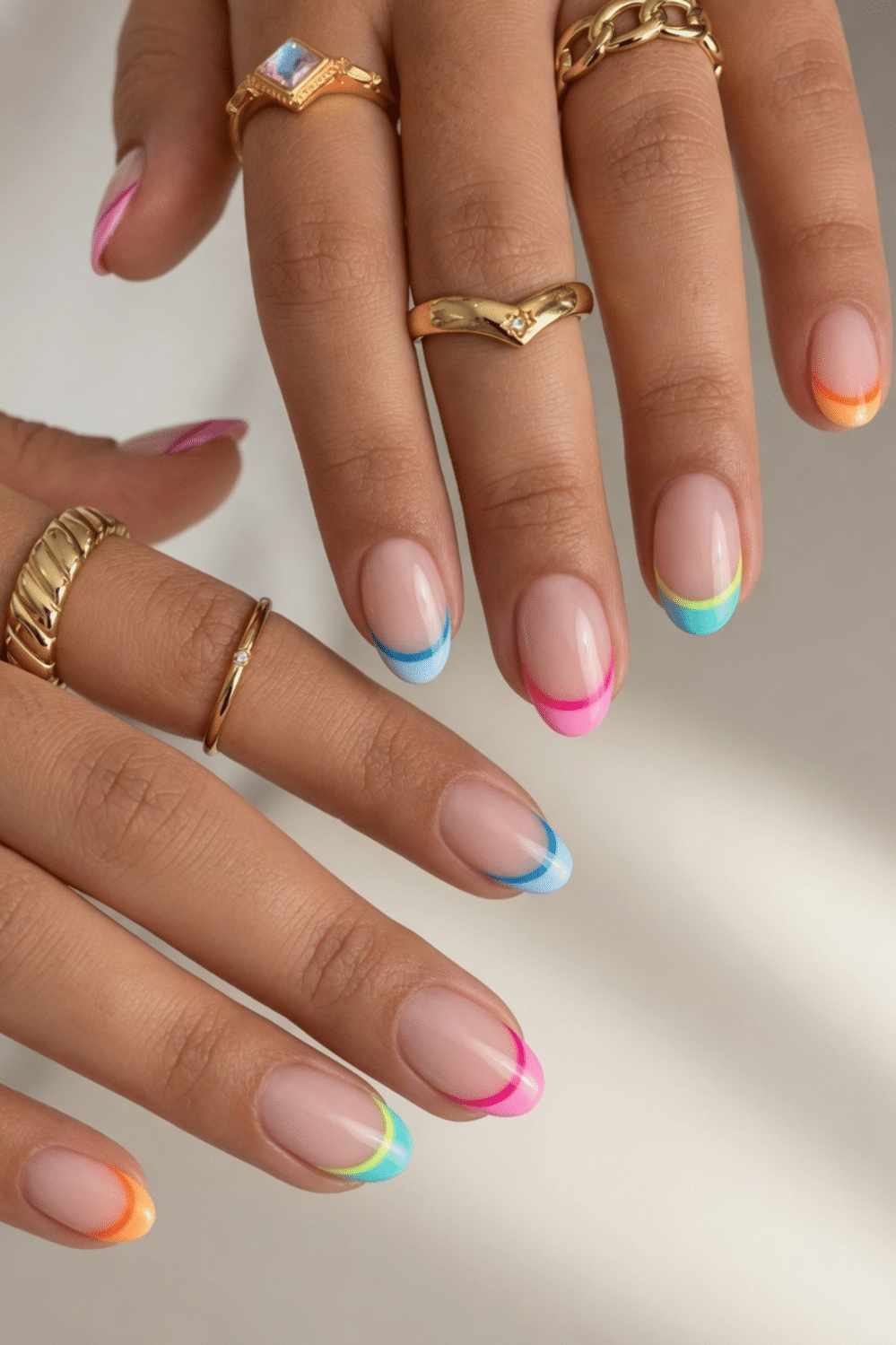Neon Stripe French Tips — Short Oval Nails