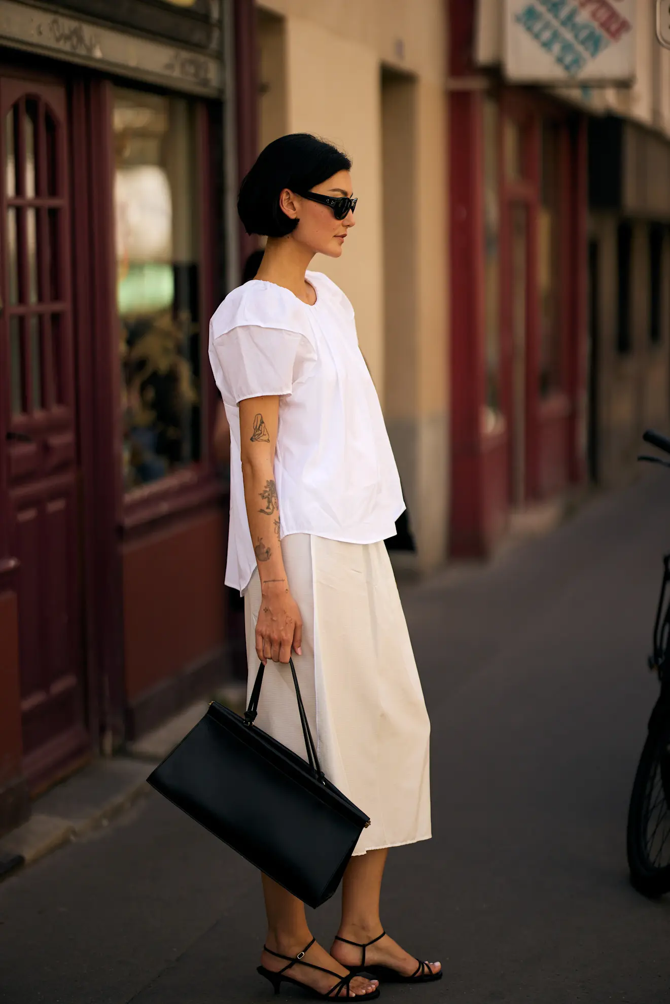 White Puff-Sleeve Top and Beige Midi Skirt White Puff-Sleeve Top and Beige Midi Skirt — Paris Outfits