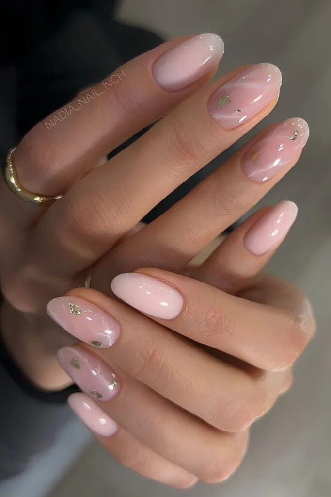 Marble Pink with Gold Foil Accents — Bubble Bath Nails