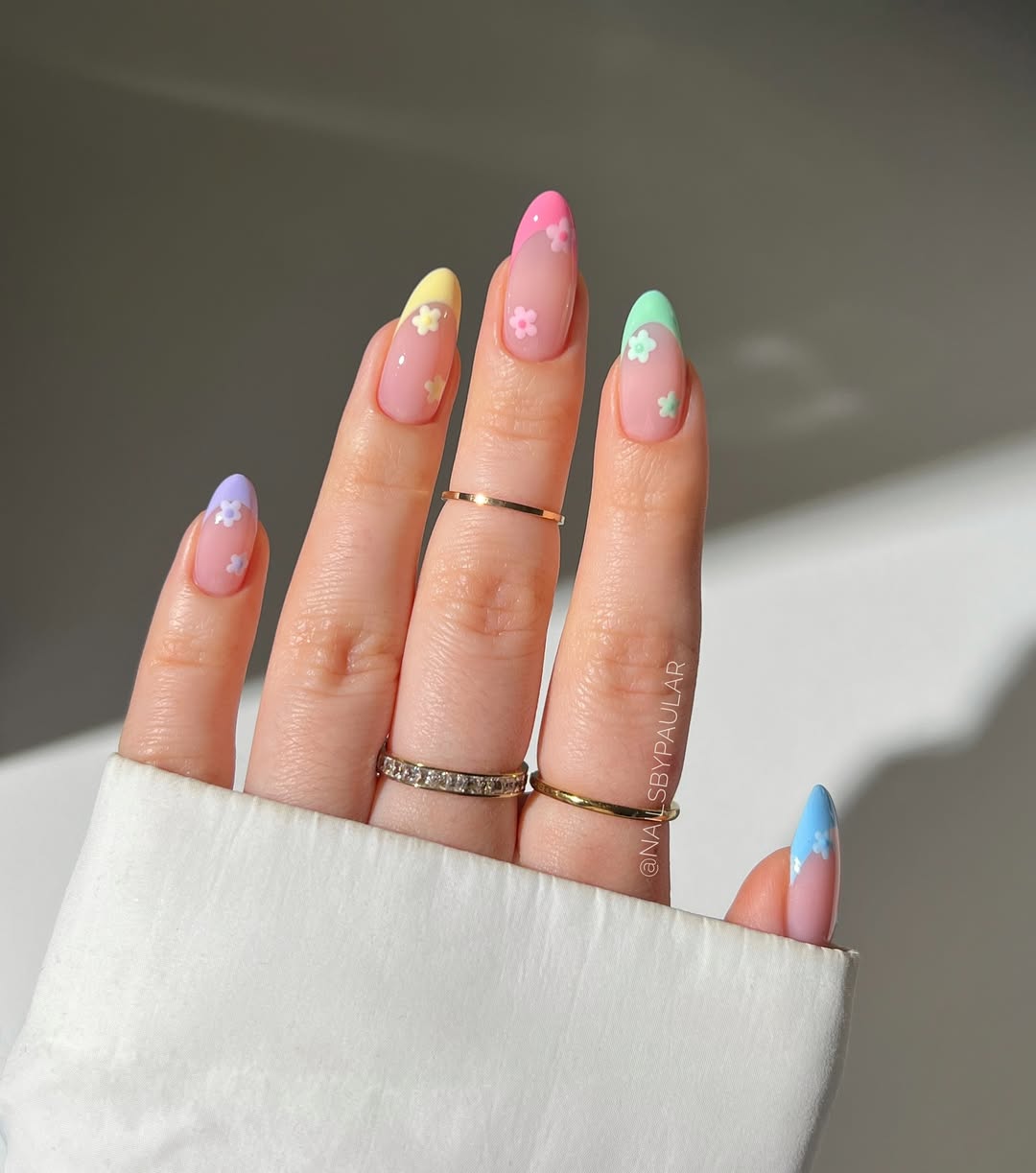 Pastel Flower French Tips on Medium Almond — Pastel Nails