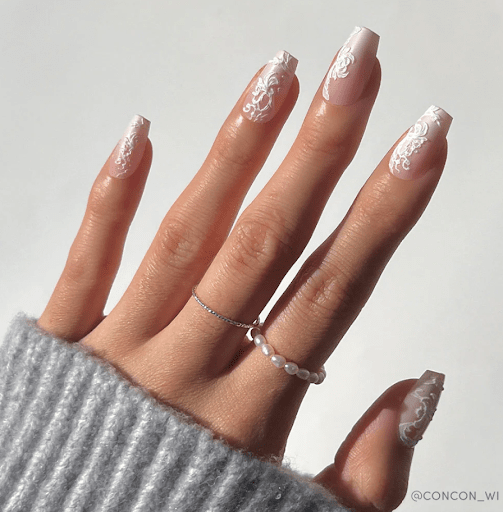 White Lace Overlay French Square Nails — Pink and White Nails