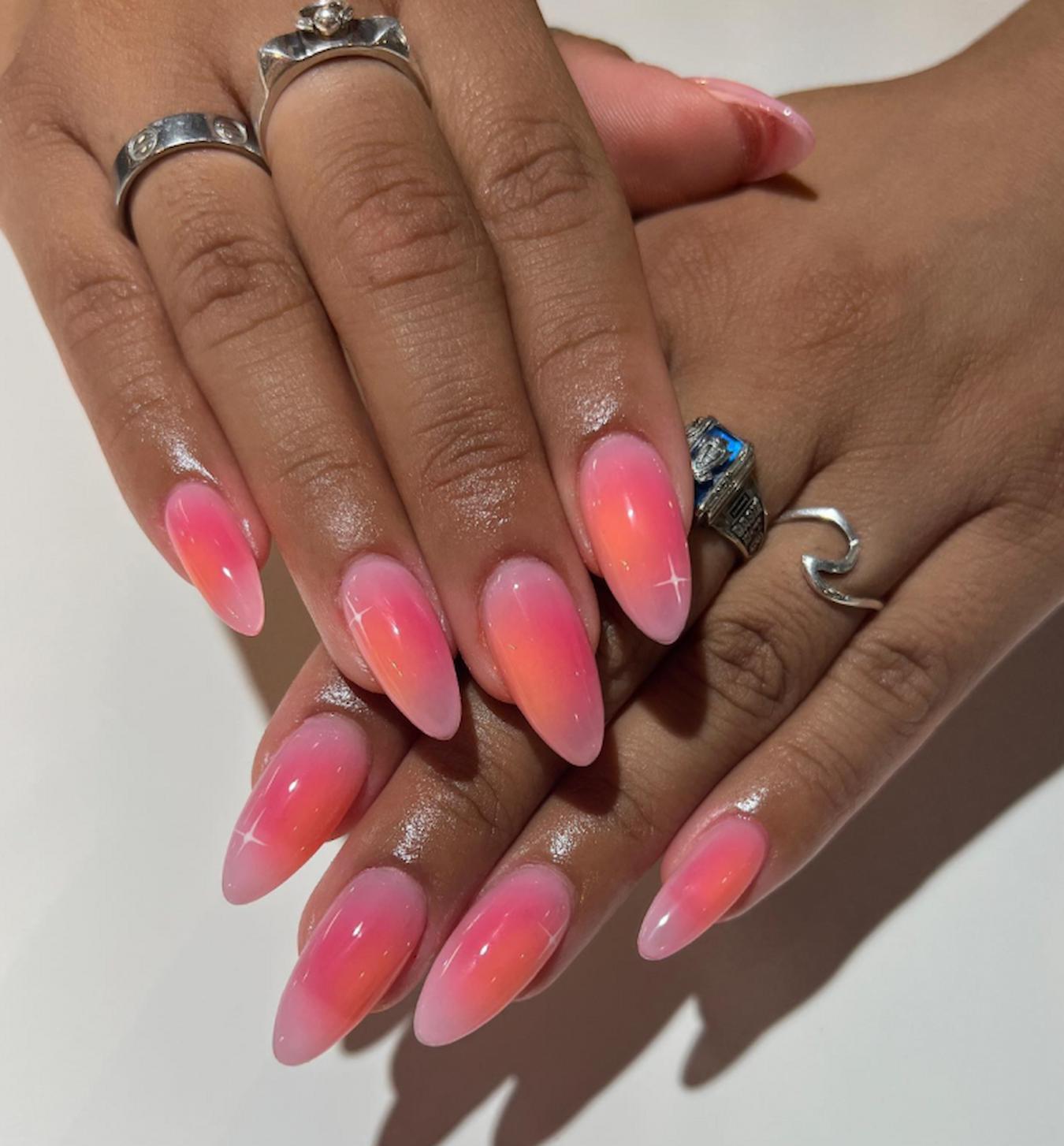 Coral to Pink Ombre Almonds with Stars — Aura Nails