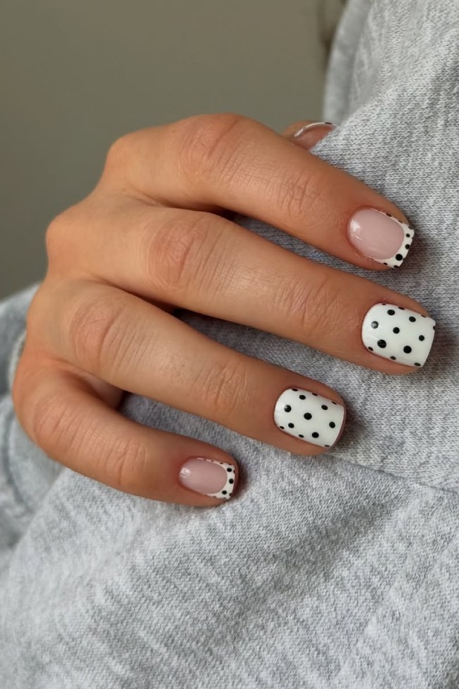 Short Square Polka Dot and French Tip Nails Short Square Polka Dot and French Tip Nails — Black and White Nails