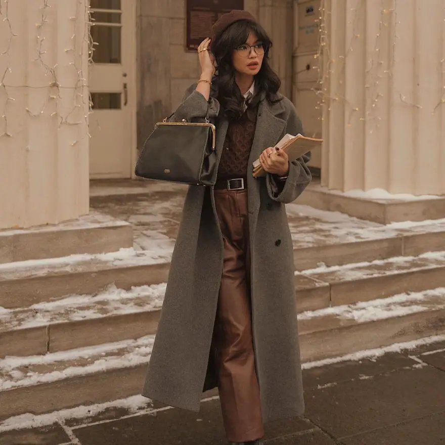 Long Wool Coat and Leather Pants: Elevated Academia Chic Long Wool Coat and Leather Pants: Elevated Academia Chic — Dark Academia Outfits