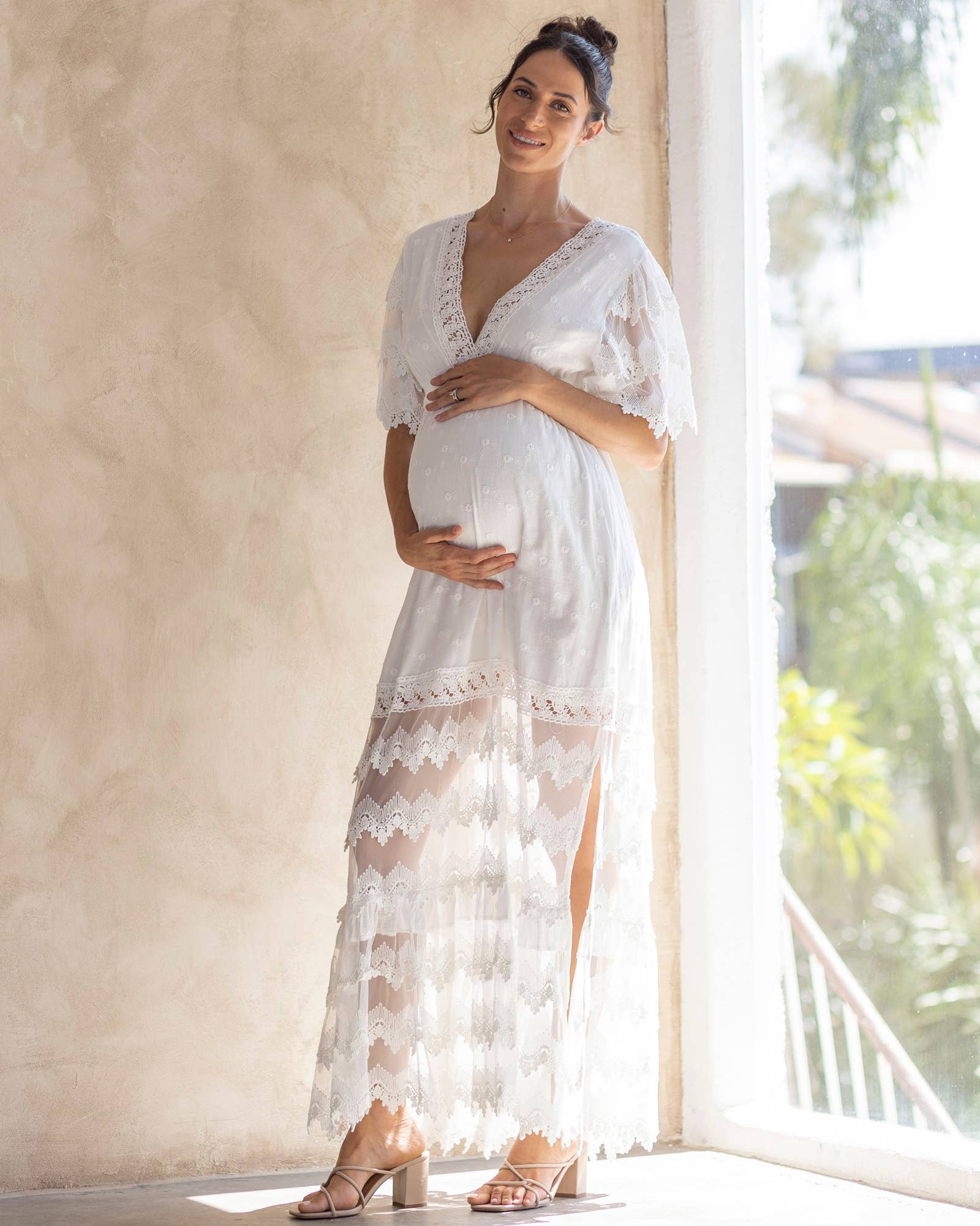 Elegant White Lace Maxi Dress with Nude Sandals Elegant White Lace Maxi Dress with Nude Sandals — Baby Shower Outfits