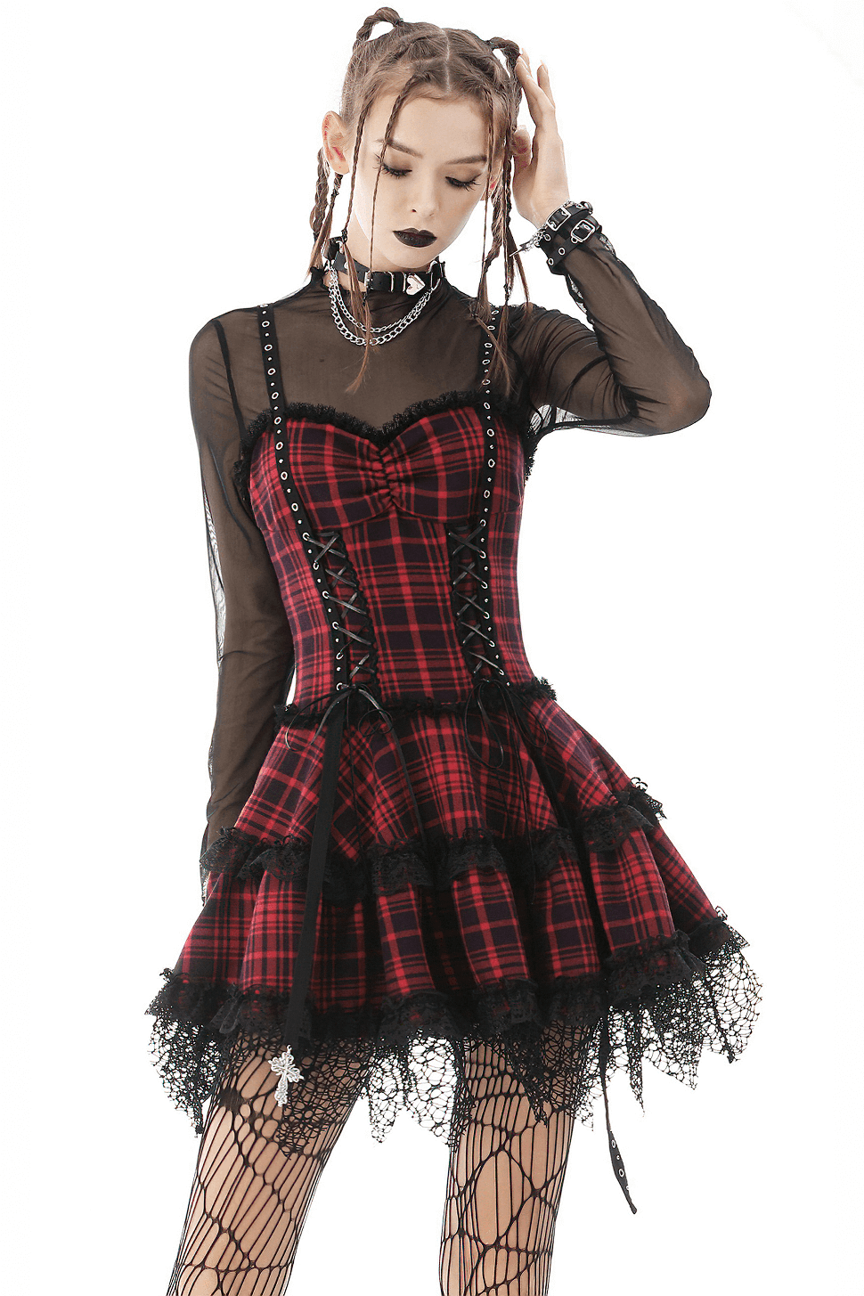 Edgy Romance: Corset Dress Over Sheer Top with Platform Boots — Emo Outfits