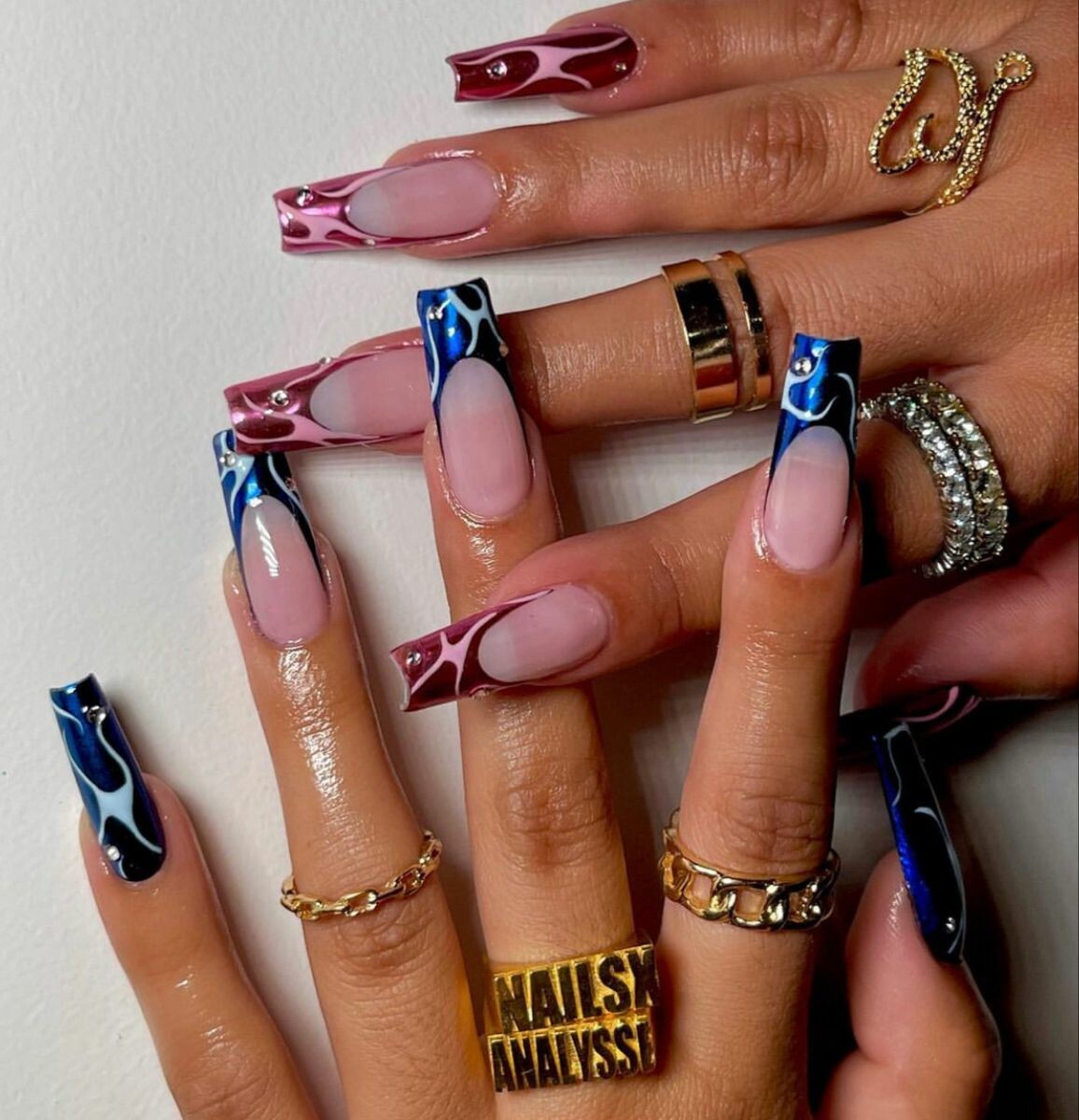 Metallic Flame Rhinestone Coffin Nails — Gel X Nails