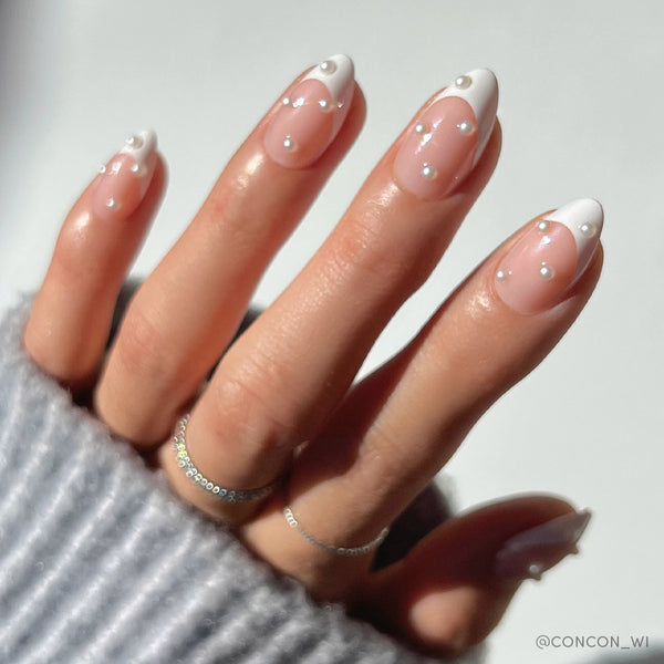 Sheer Pink French Tip Pearl Nails
