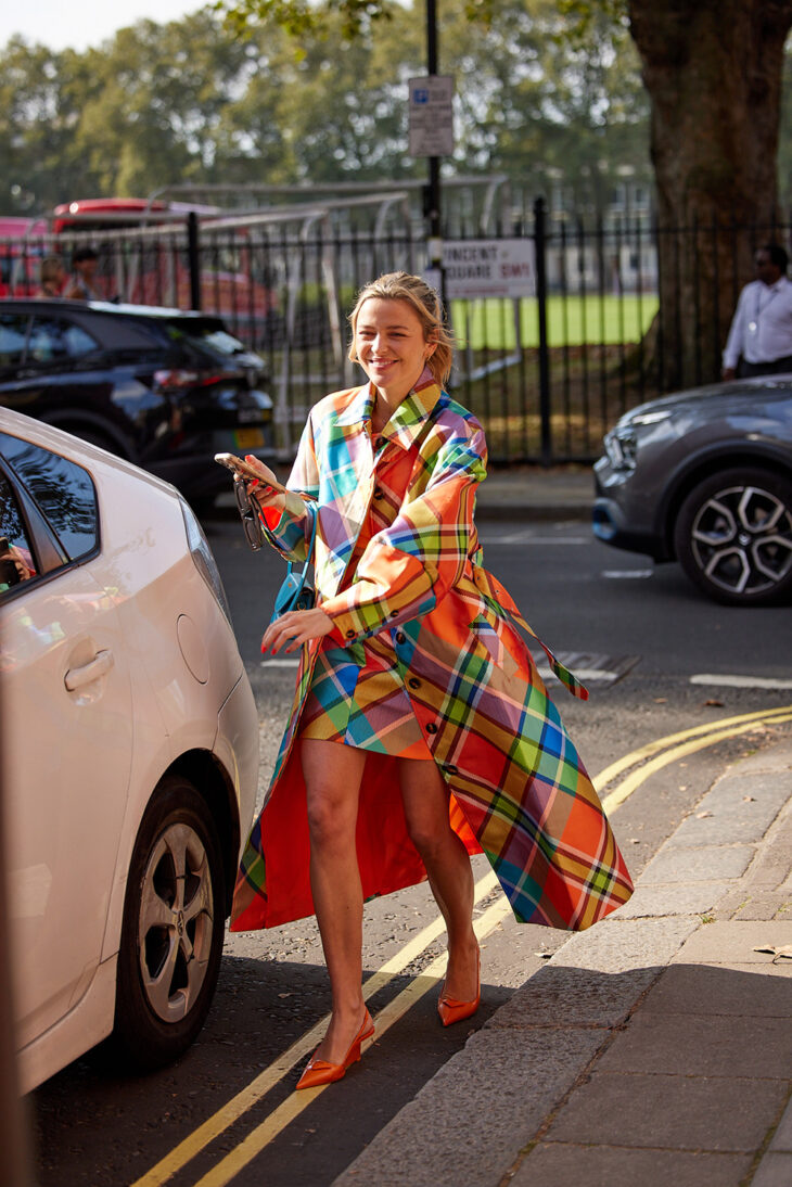 Multicoloured Plaid Trench Coat with Orange Heels for a Bold Statement Multicoloured Plaid Trench Coat with Orange Heels for a Bold Statement — London Outfits