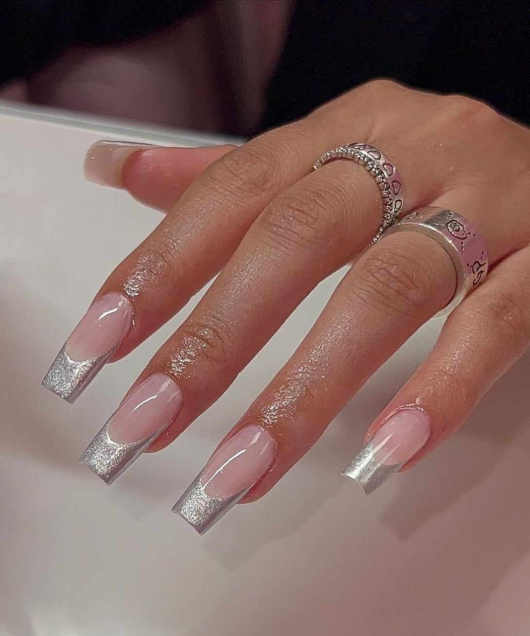 Modern Metallic Silver French Tip — Long Nails
