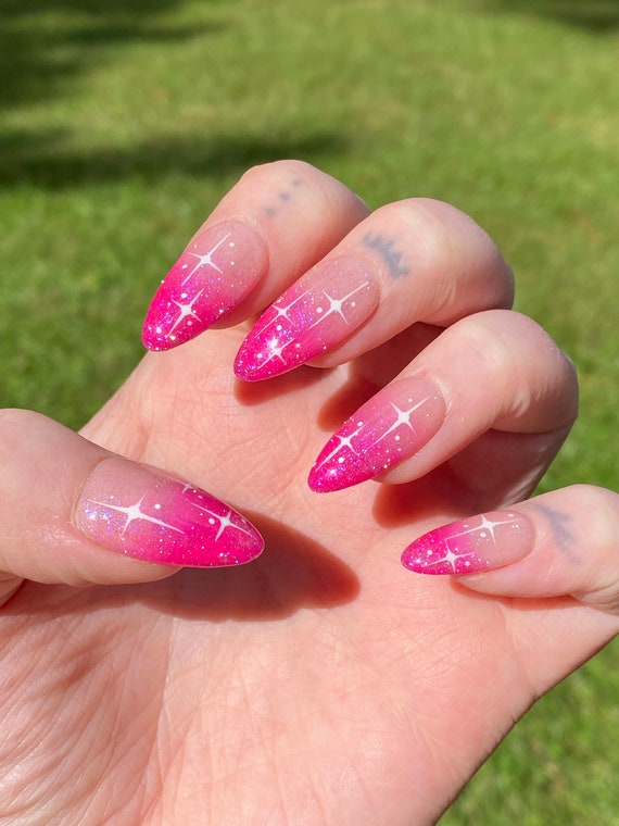 Vibrant Pink Glitter Gradient Stilettos — Pink Nails