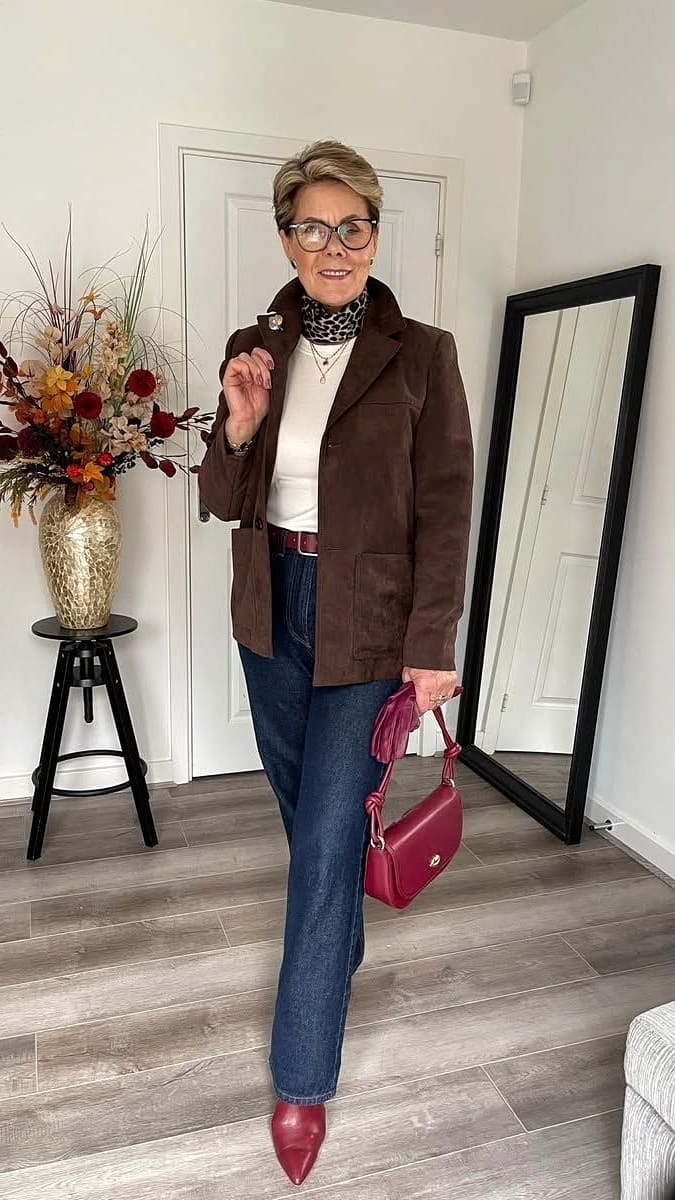 Smart Casual Daytime: Suede Blazer with Burgundy Accessories Smart Casual Daytime: Suede Blazer with Burgundy Accessories — Outfits for Women Over 60