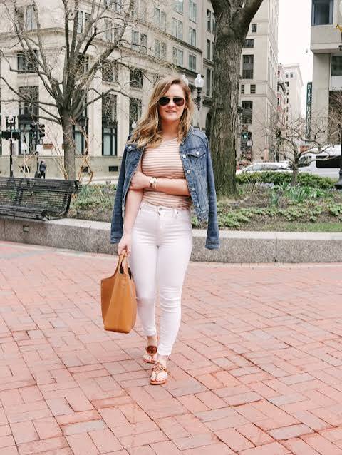 Denim Jacket Layered Over Striped Tee and White Jeans — Comfy Outfits