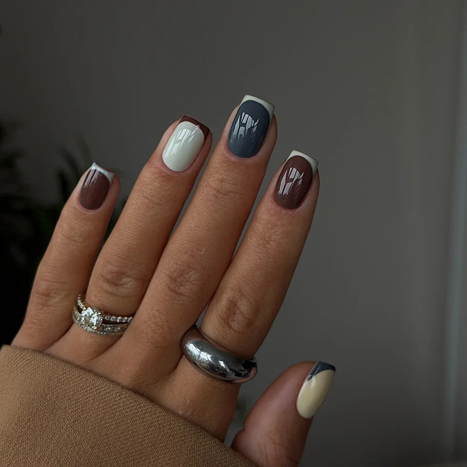 Geometric Color Block French Squares Geometric Color Block French Squares — Short Gel Nails