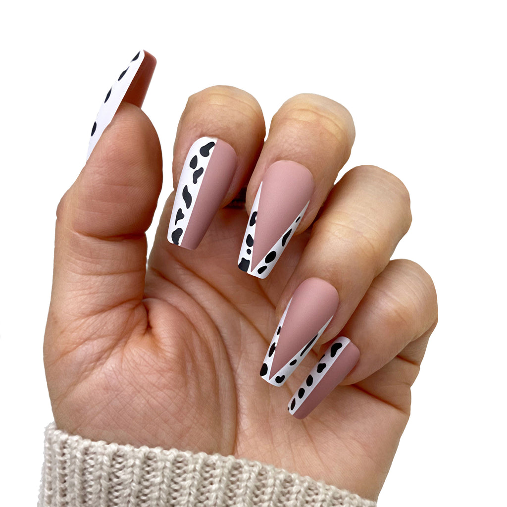 Matte Nude Long Coffin Cow Print Matte Nude Long Coffin Cow Print — Cow Print Nails