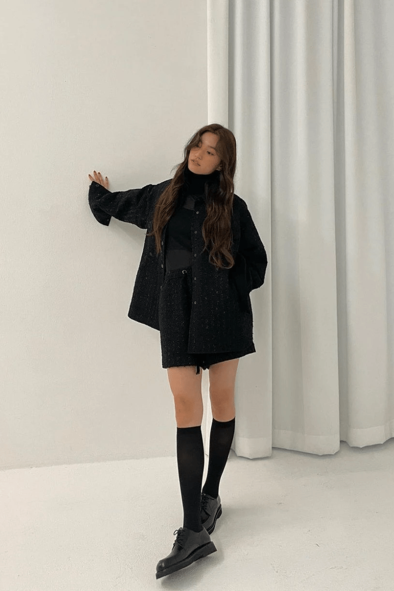 Monochromatic Black Textured Jacket and Shorts Monochromatic Black Textured Jacket and Shorts — Korean Outfits