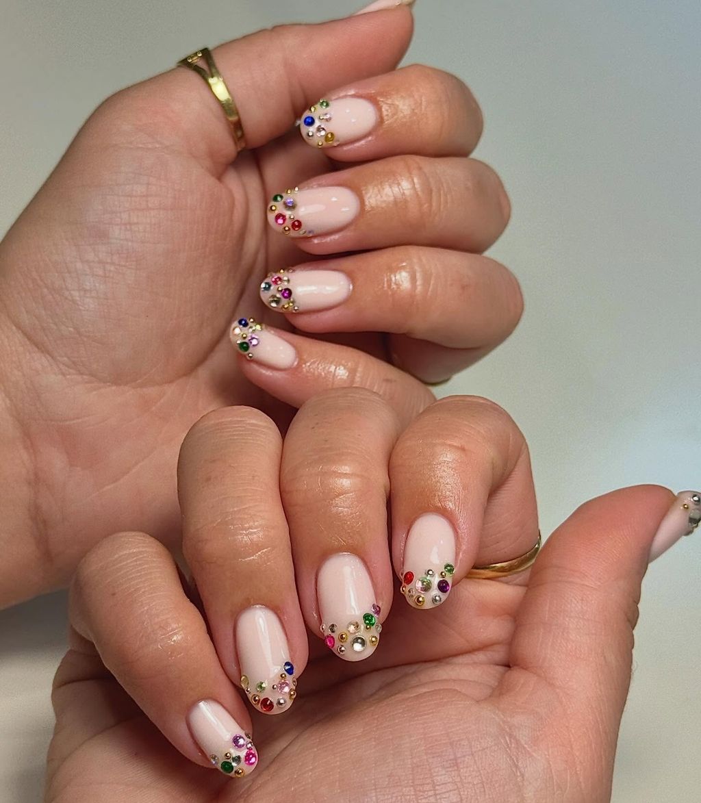 Nude Pink Oval with Crescent Rhinestones — Nail Designs