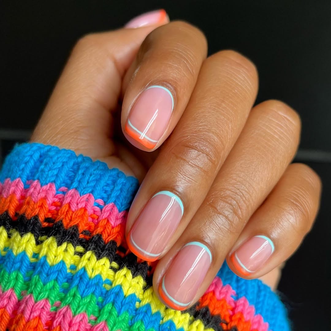 Double Line Pink Orange Accents — Reverse French Nails
