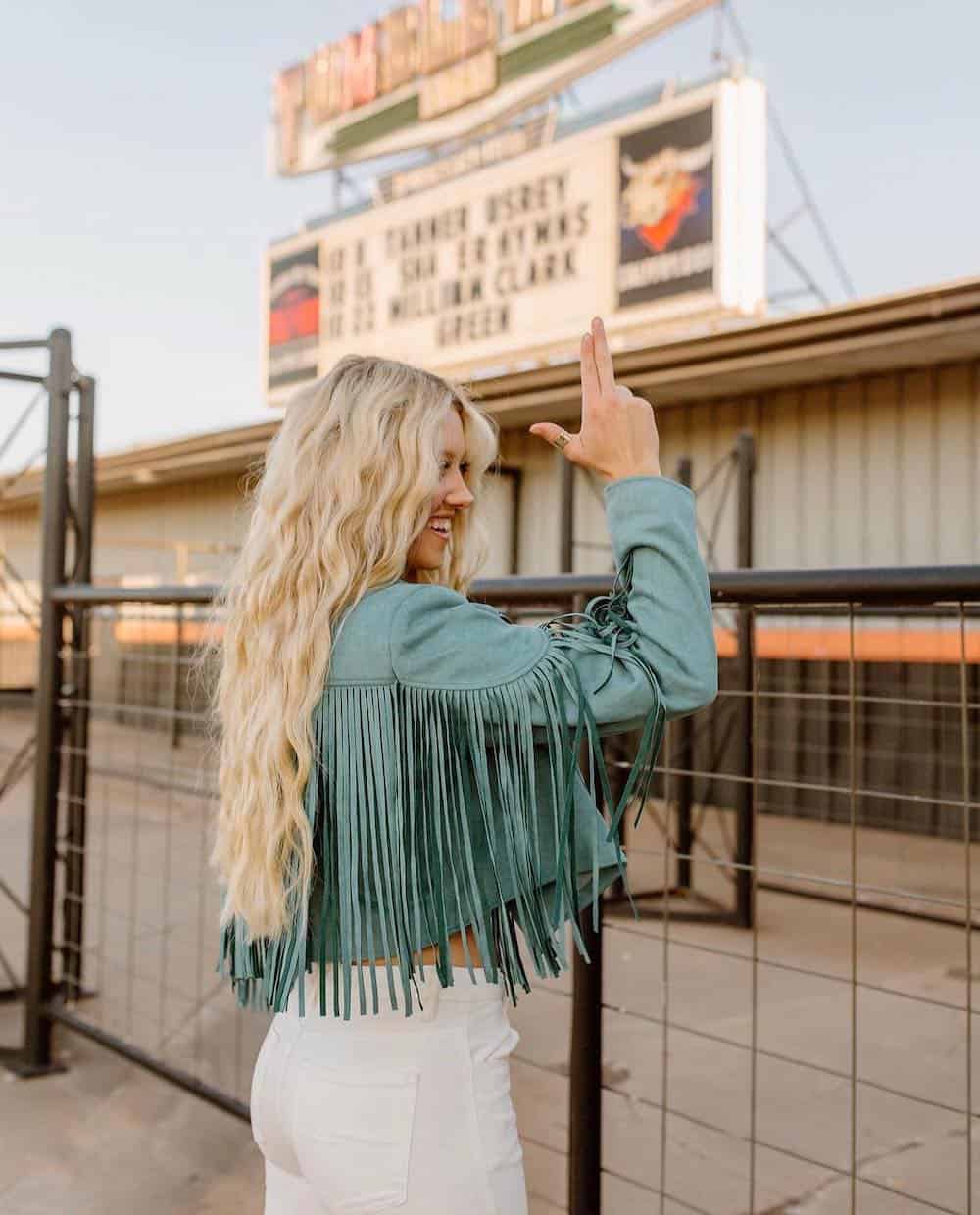 Statement Teal Suede Fringed Jacket as the Rodeo Centerpiece — Rodeo Outfits