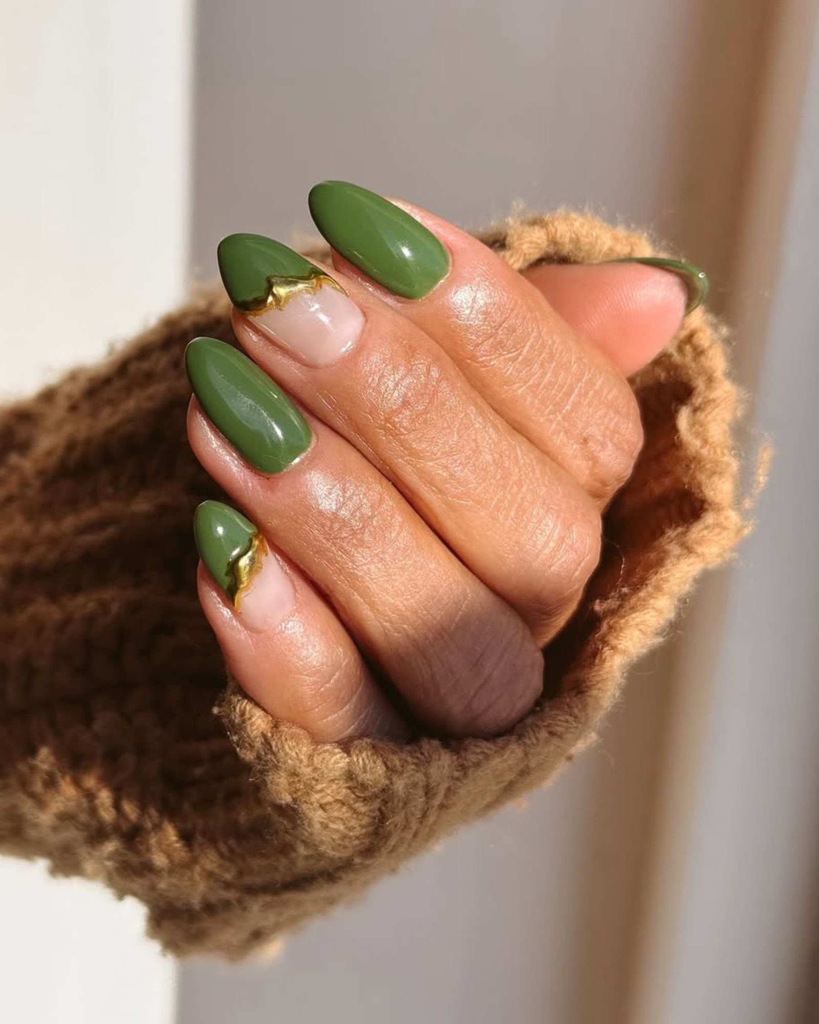 Olive Green with Gold Foil Accents Almond Nails — Nails for Olive Skin