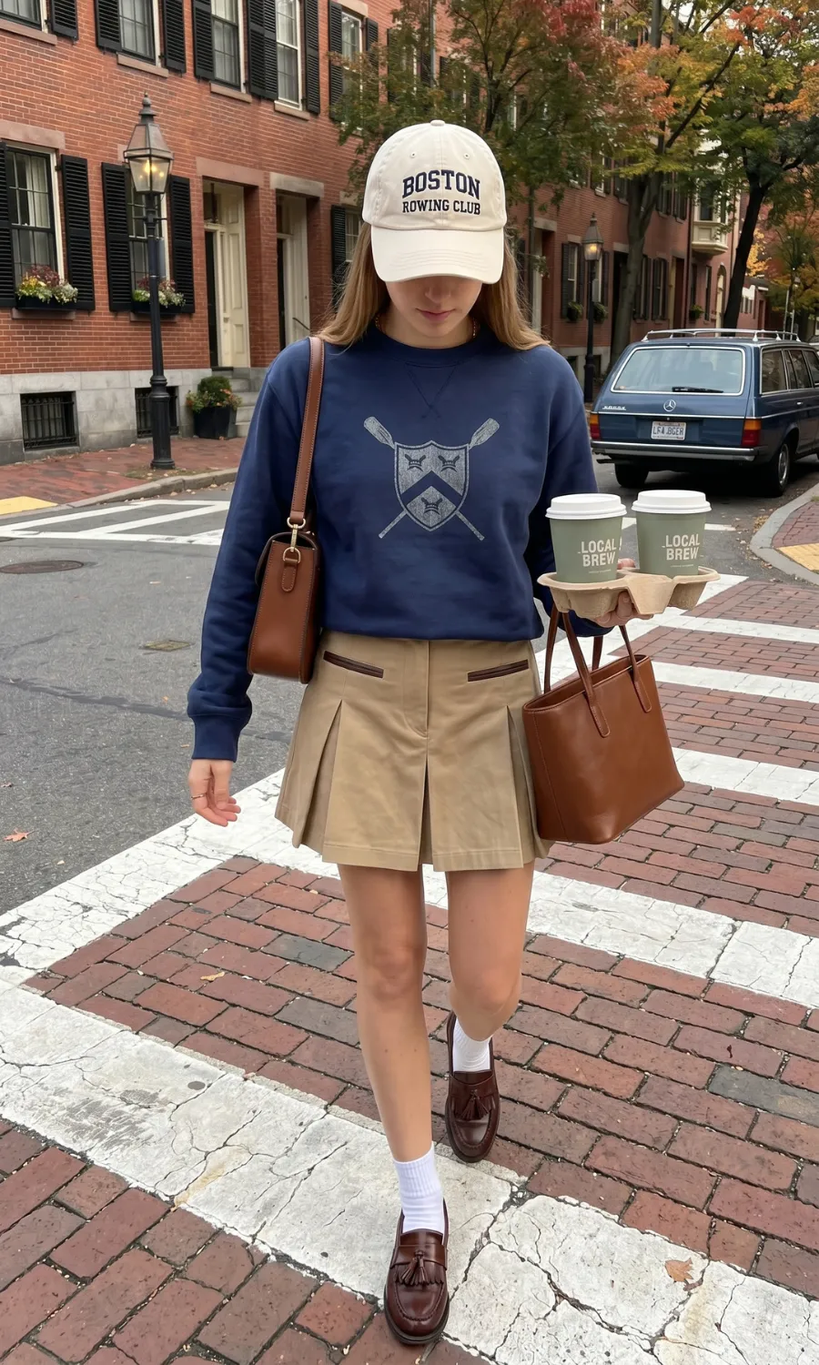 Preppy Khaki Skirt and Navy Crested Sweatshirt — School Outfits