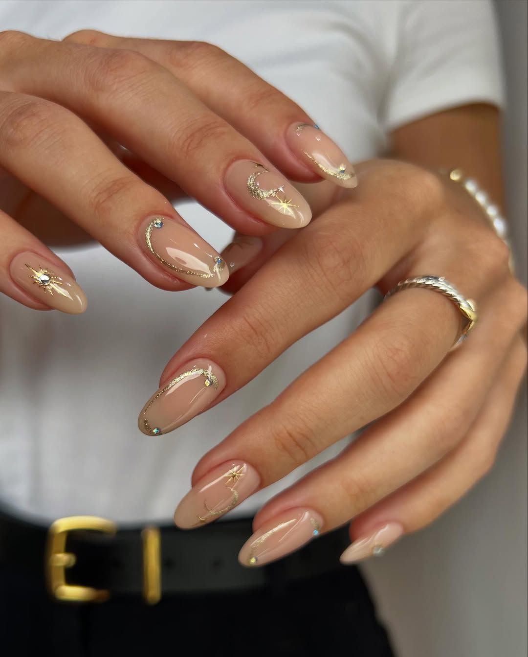 Sheer Nude with Gold Foil Celestial Accents Sheer Nude with Gold Foil Celestial Accents — Engagement Nails