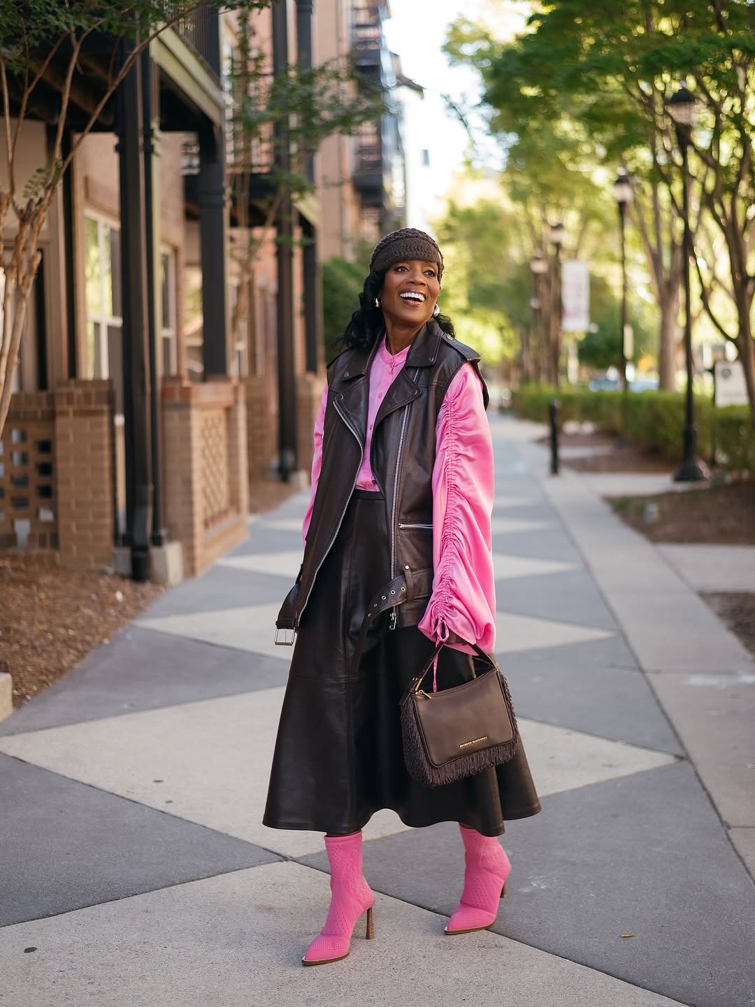 Autumnal Layers: Pink Satin Top with Leather Vest Autumnal Layers: Pink Satin Top with Leather Vest — Pink Outfits
