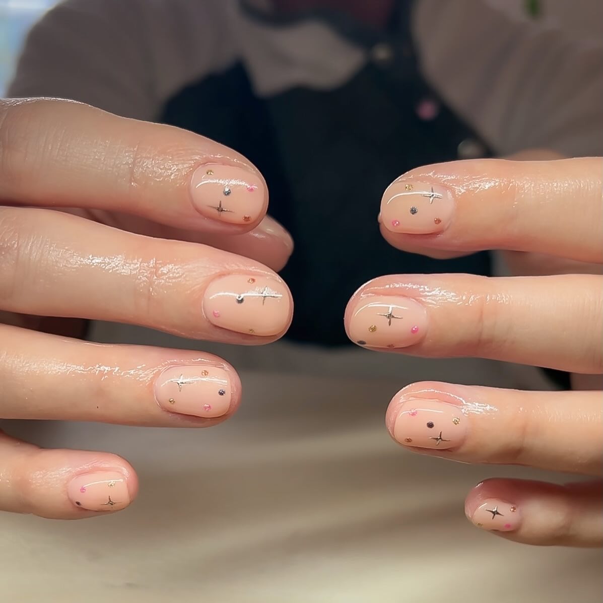 Sheer Nude Pink with Metallic Accents — Classy Short Nails