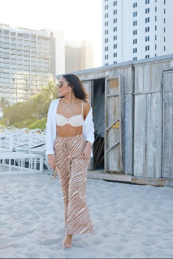 Relaxed White Sheer Shirt Over Bikini with Zebra Pants Relaxed White Sheer Shirt Over Bikini with Zebra Pants — Miami Outfits