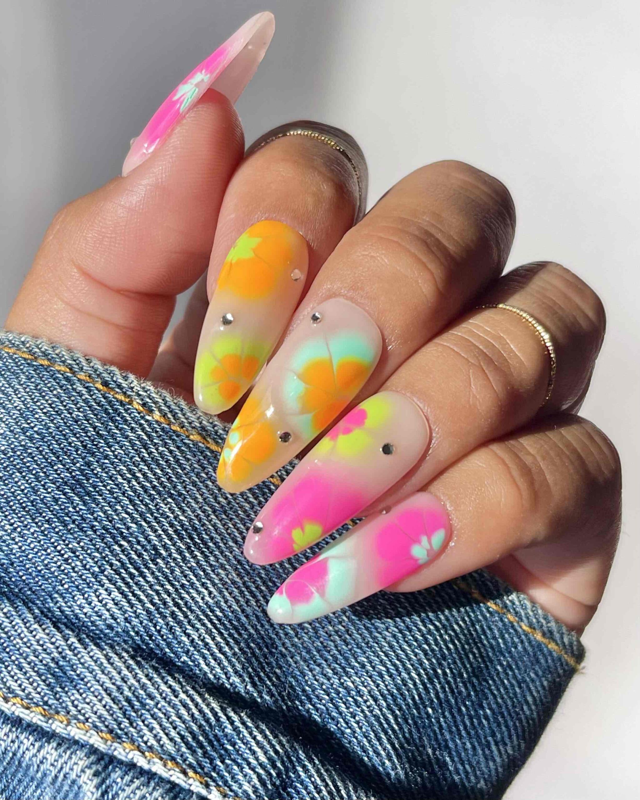Vibrant Gradient Floral Stiletto Nails Vibrant Gradient Floral Stiletto Nails — Blooming Gel Nails