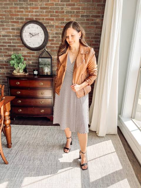 Smart Casual Layering: Striped Dress with Leather Jacket Smart Casual Layering: Striped Dress with Leather Jacket — Dressy Outfits