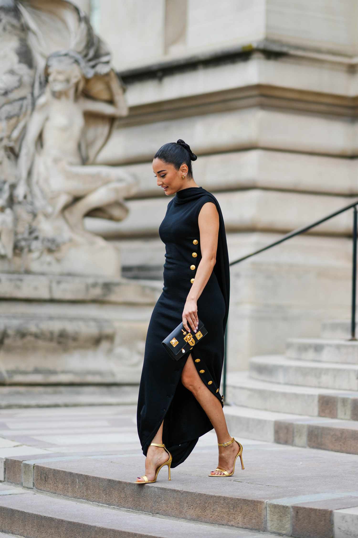 Sophisticated Black Cape Dress with Gold Accents for a Fancy Dinner Sophisticated Black Cape Dress with Gold Accents for a Fancy Dinner — Dinner Outfits