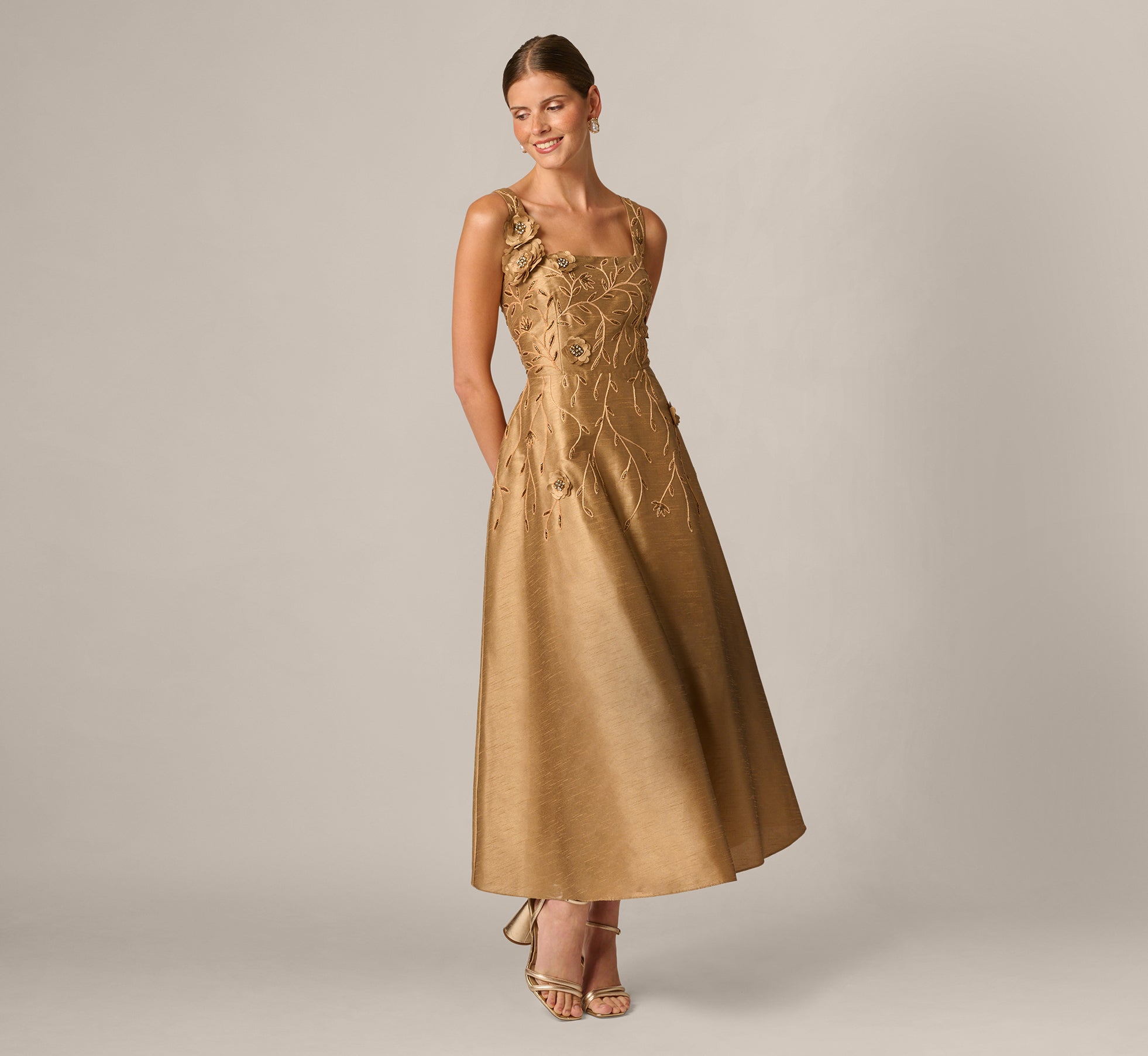 Textured Gold Midi Dress with Floral Embellishments Textured Gold Midi Dress with Floral Embellishments — 50th Birthday Outfits