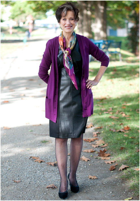 Chic Leather Dress and Bold Cardigan Chic Leather Dress and Bold Cardigan — Outfits for Women Over 70