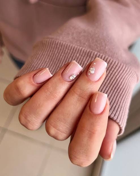 Short Square Pearl Crystal Accent Polygel — Polygel Nails