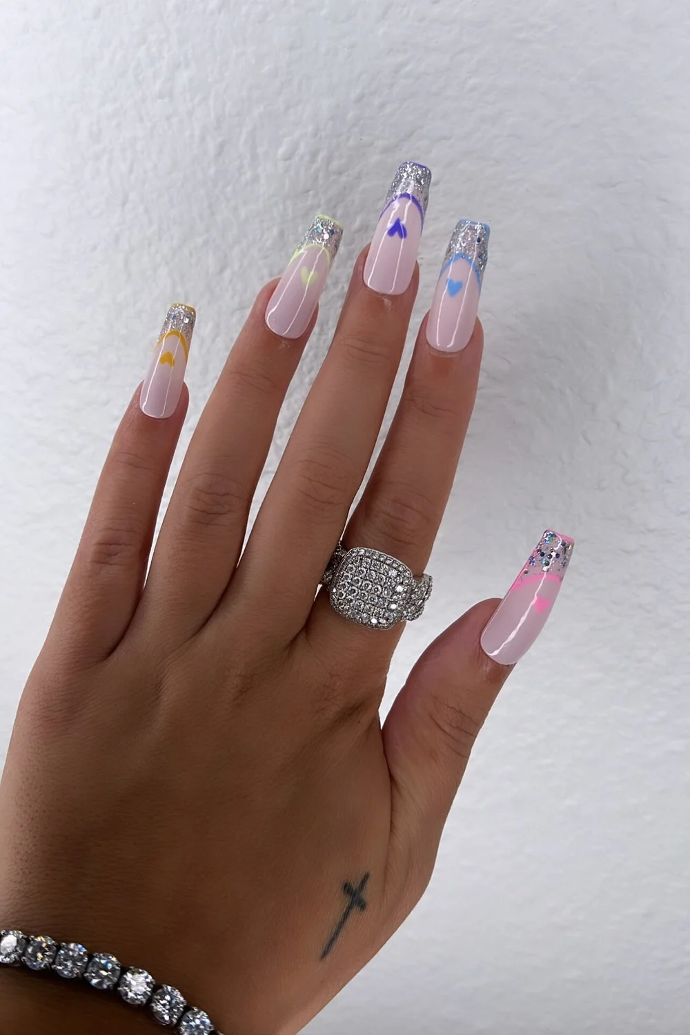 Pastel Hearts on Glitter French Tips — Glitter French Tip Nails