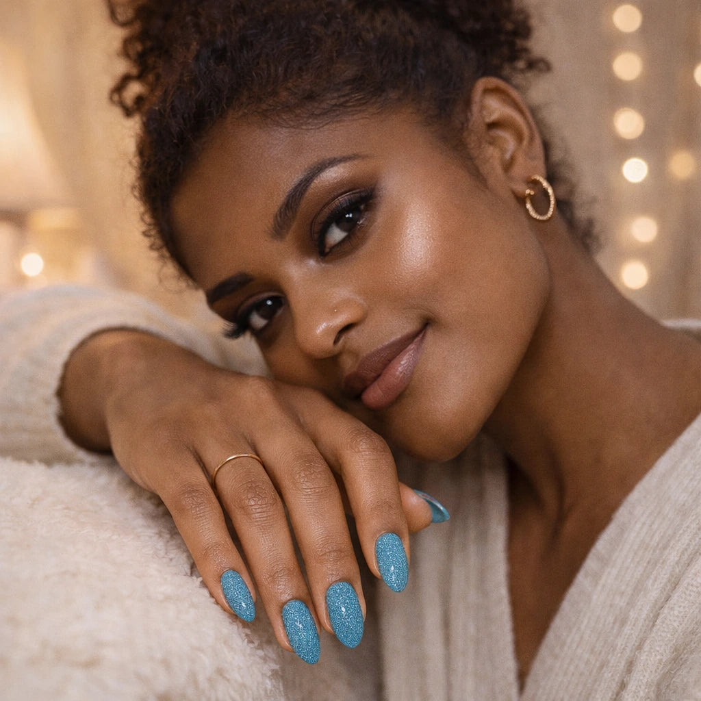 Vibrant Turquoise Fine Glitter Almonds Vibrant Turquoise Fine Glitter Almonds — Nails for Dark Skin