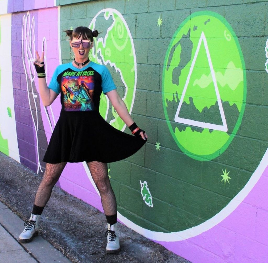 Graphic T-Shirt and Fit-and-Flare Skirt with Fishnets — Alt Outfits