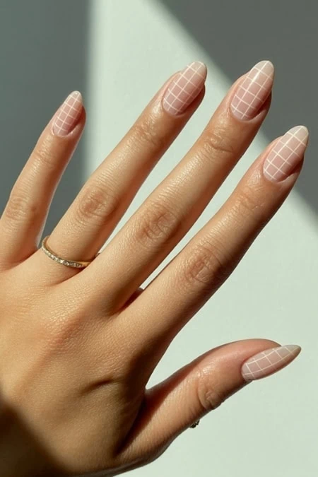 Sheer Nude Grid Almond Nails Sheer Nude Grid Almond Nails — Nude Nails