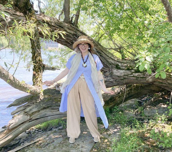 Striped Button-Down with Tan Wide-Leg Pants Striped Button-Down with Tan Wide-Leg Pants — Coastal Grandmother Outfits