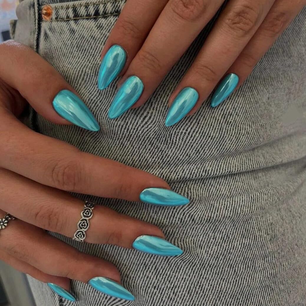 Metallic Teal Chrome Almond Nails — Teal Nails