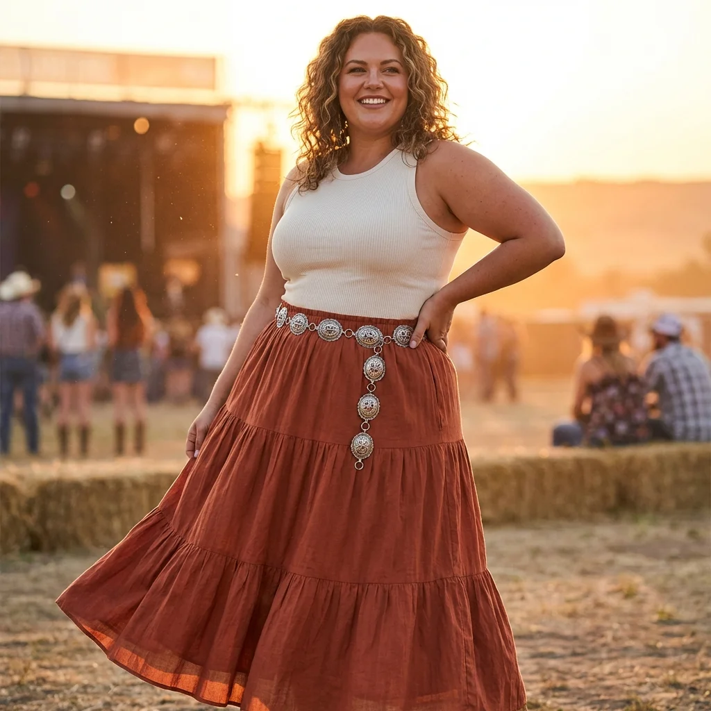 Ribbed Tank Top with Tiered Rust Skirt and Silver Belt Ribbed Tank Top with Tiered Rust Skirt and Silver Belt — Western Outfits