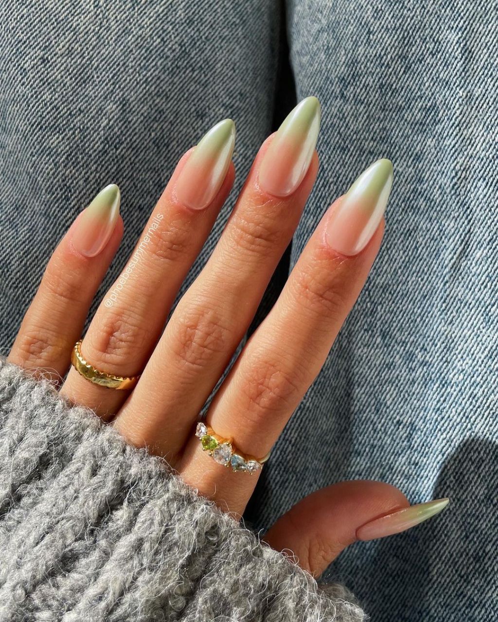 Pearlescent Pale Green Almond Ombré — Long Nails