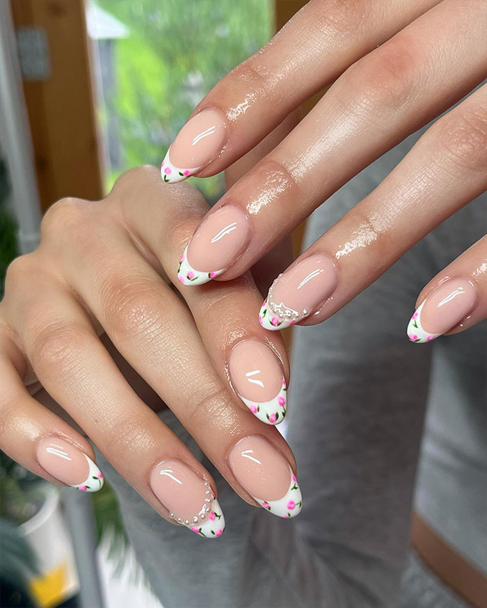 Medium Almond Floral French Manicure Medium Almond Floral French Manicure — Nurse Nails