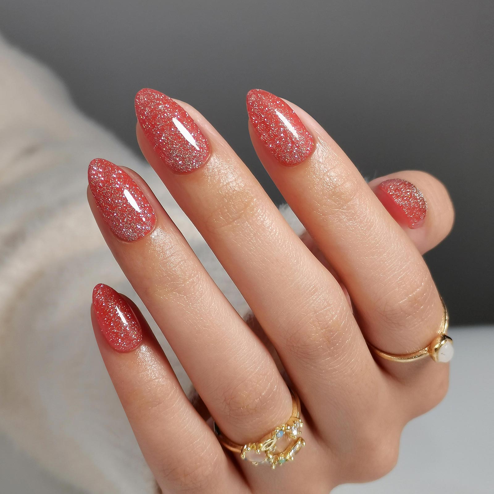 Shimmering Coral Red Glitter Nails — Red Nails