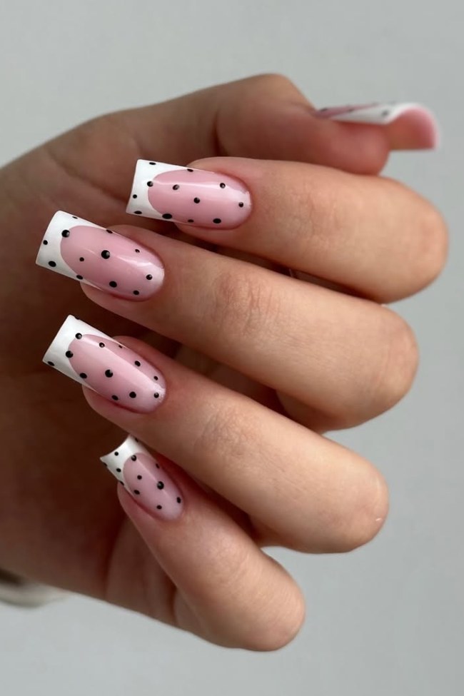 Long Square Polka Dot French — Square Nails