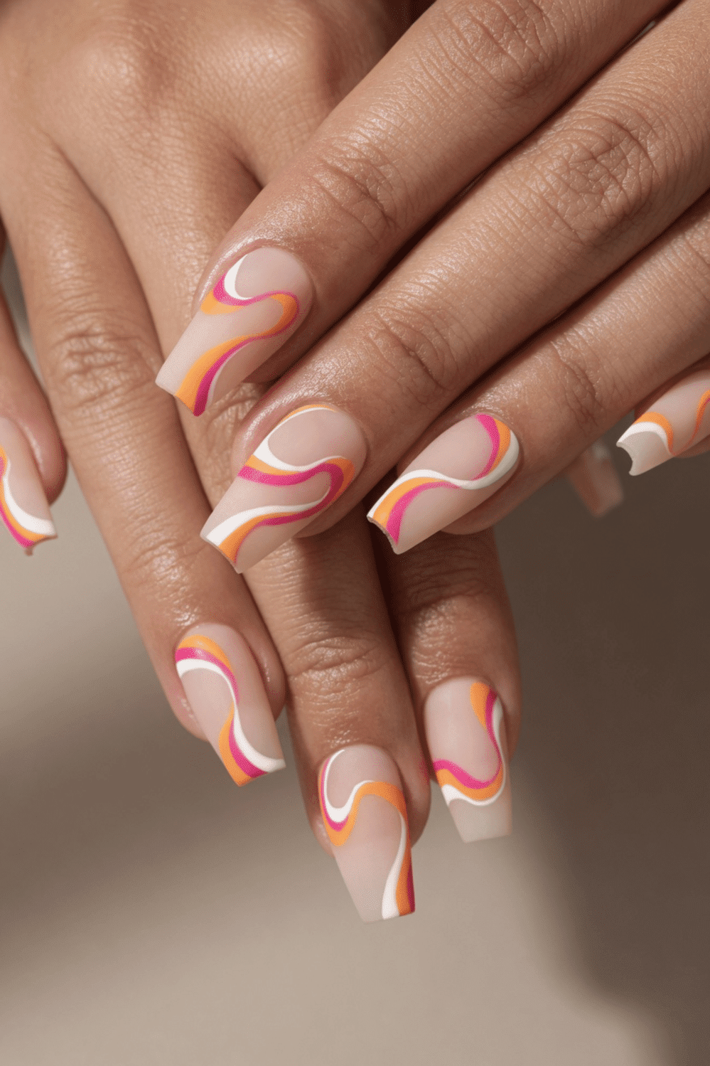 Nude Base with Orange Pink White Swirls Nude Base with Orange Pink White Swirls — Swirl Nails